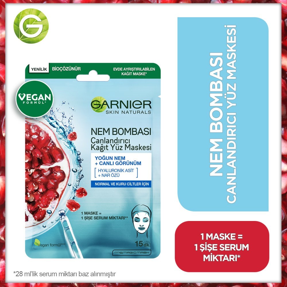 Garnier Nem Bombası Canlandırıcı Kağıt Yüz Maskesi - Normal & Kuru Ciltler için
