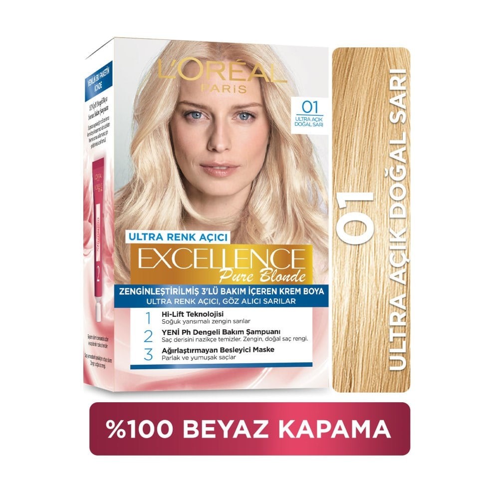 Loreal Paris Excellence Ultra Renk Açıcı Set Saç Boyası Pure Blonde 01 Ultra Açık Doğal Sarı