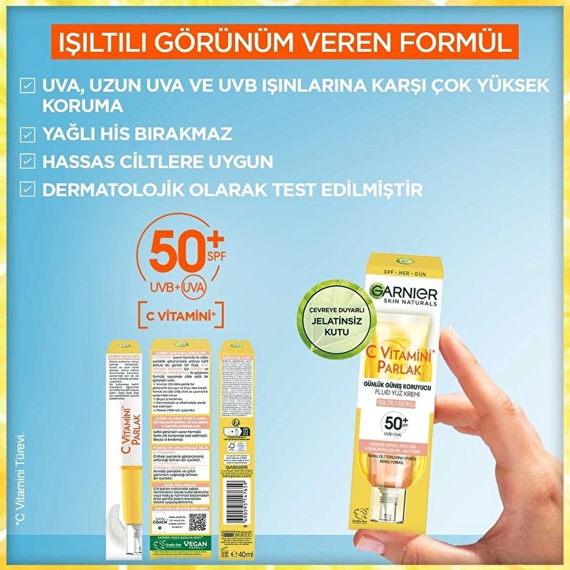 Garnier C Vitamini Parlak Günlük Güneş Koruyucu Fluid Yüz Kremi Işıltılı Doku SPF50+ 40 ml