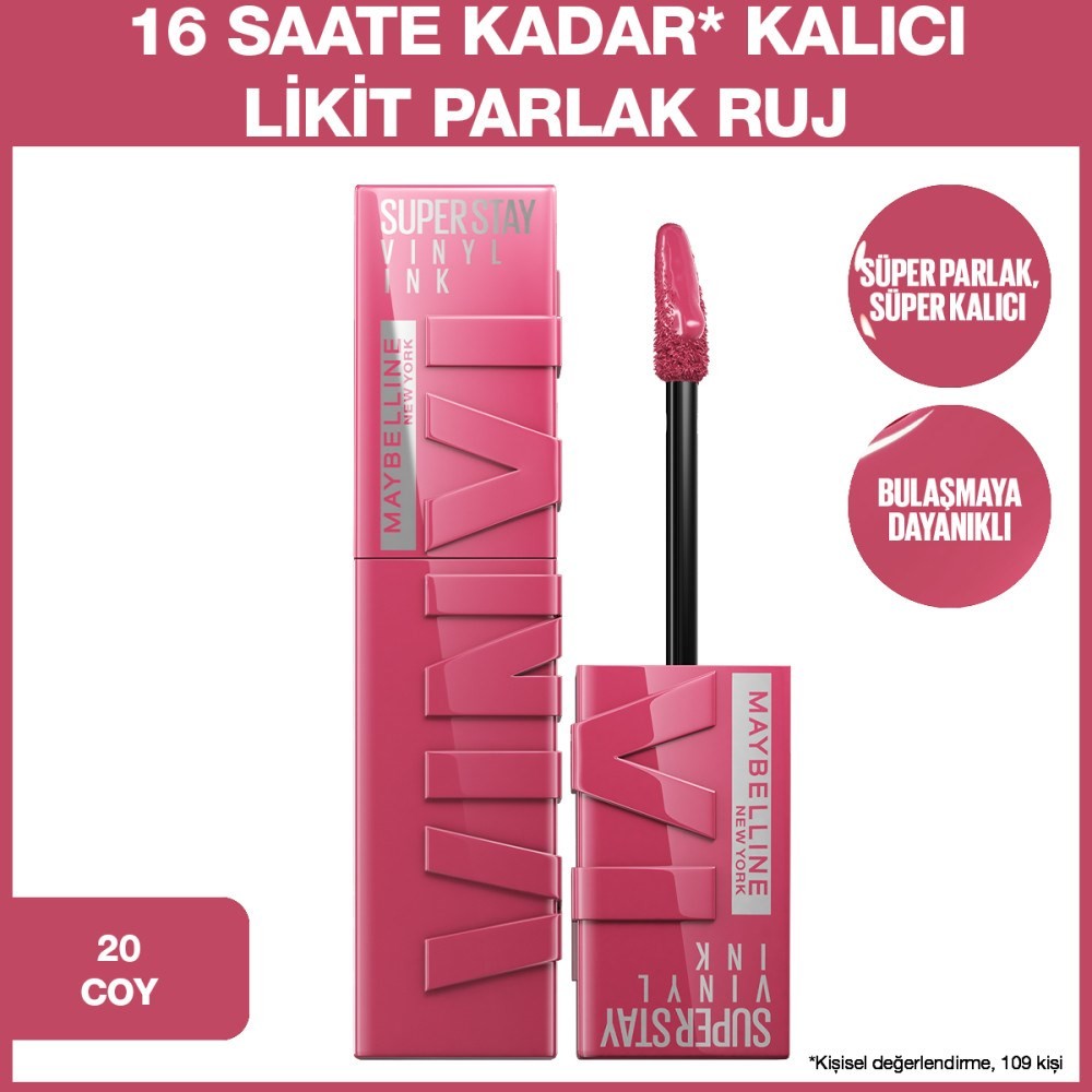 Maybelline New York Super Stay Vinyl Ink Uzun Süre Kalıcı Likit Parlak Ruj 20 Coy