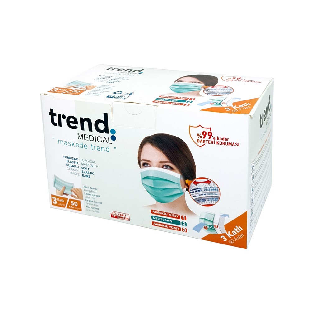 Trend Cerrahi Maske 3 Katlı Burun Telli Elastik 50li