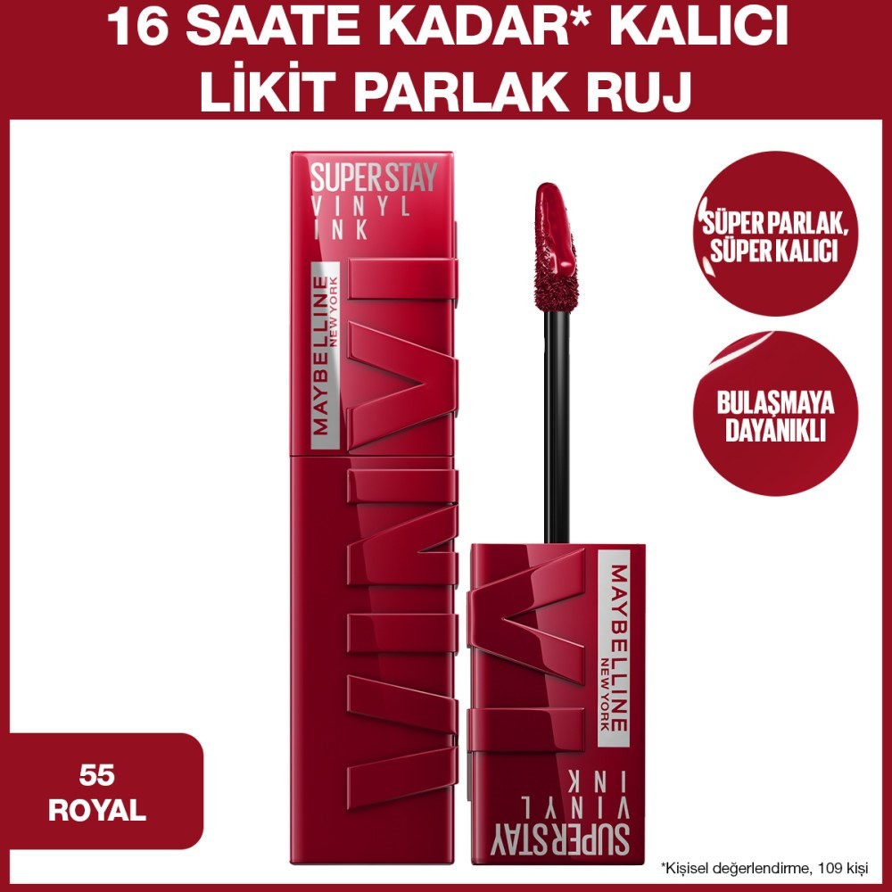 Maybelline New York Likit Parlak Ruj Super Stay Vinyl Ink Uzun Süre Kalıcı 55 Royal