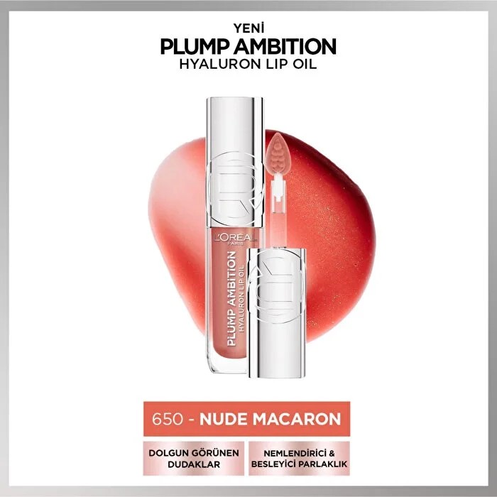 Loreal Paris Plump Ambition Hyaluron Lip Oil Besleyici ve Nemlendirici Dudak Parlatıcısı 650 Nude Macaron