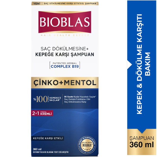 Bioblas Saç Dökülmesine + Kepeğe Karşı Bitkisel Şampuan 2si 1 Arada Kremli Çinko + Mentol 360 ml