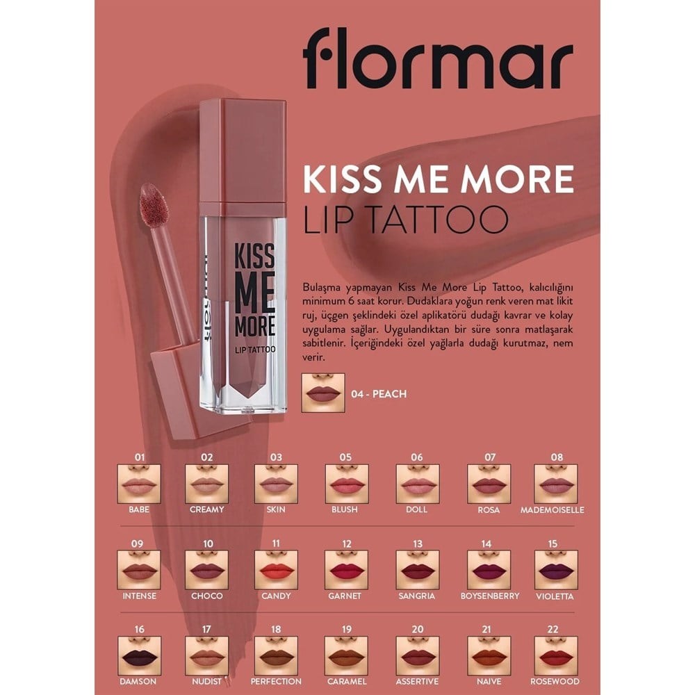 Flormar Likit Mat Ruj Kiss Me More Lip Tattoo 004 Peach