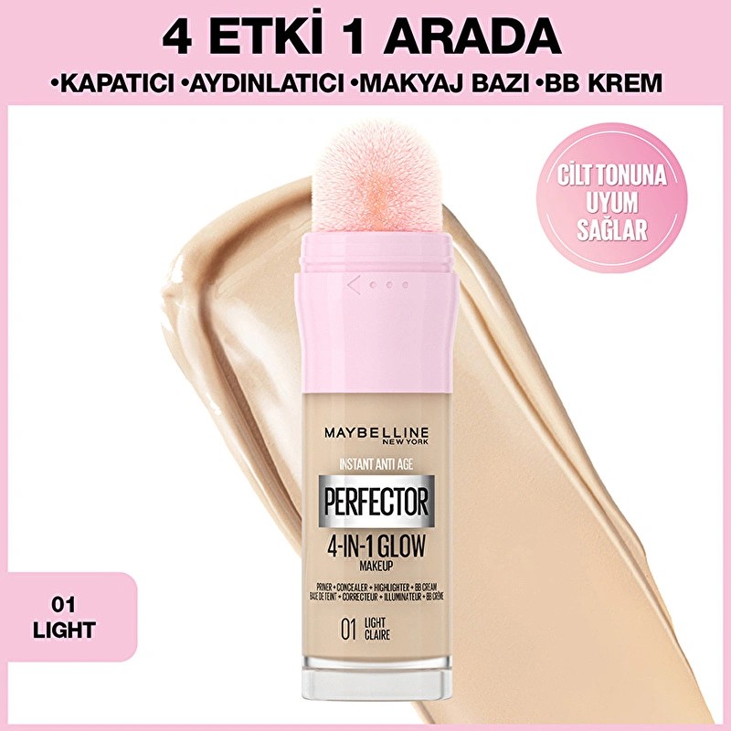 Maybelline New York Instant Perfector Glow 4 Etki 1 Arada Fondöten 01 Light