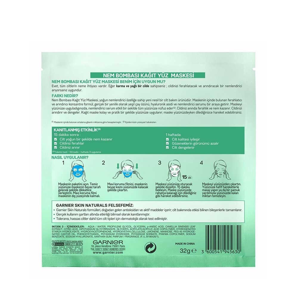 Garnier Skin Natural Ferahlatıcı Kağıt Yüz Maskesi Nem Bombası Yeşil Çay Özlü