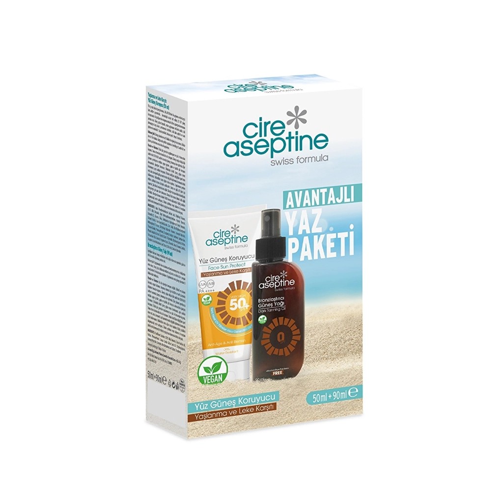 Cire Aseptine Yaşlanma ve Leke Karşıtı Yüz Güneş Koruyucu 50SPF 50 ml + Bronzlaştırıcı Güneş Yağı 90 ml