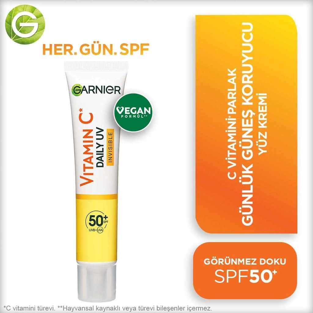 Garnier C Vitamini Parlak Günlük Güneş Koruyucu Fluid Yüz Kremi Görünmez Doku SPF50+ 40 ml