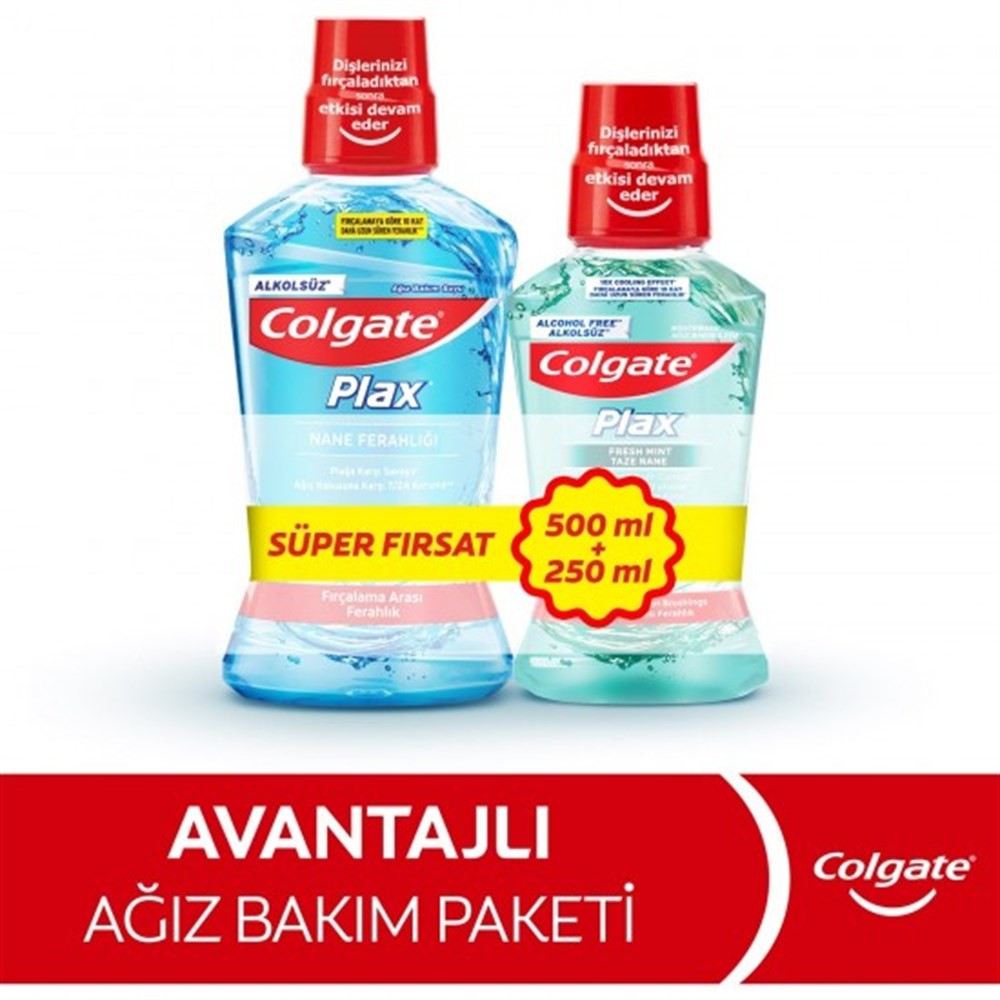 Colgate Plax Nane Ferahlığı 500 ml + Taze Nane Ağız Bakım Suyu Seti 250 ml 2li