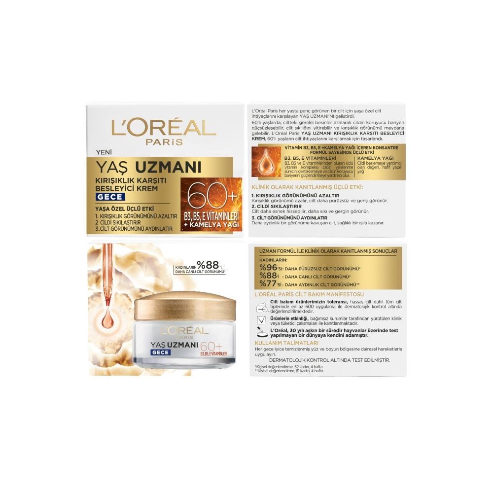 Loreal Paris Yaş Uzmanı 60+ Kırışıklık Karşıtı Besleyici Gece Kremi 50 ml