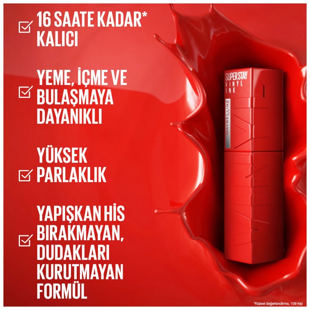 Maybelline New York Super Stay Vinyl Ink Uzun Süre Kalıcı Likit Parlak Ruj 10 Lippy