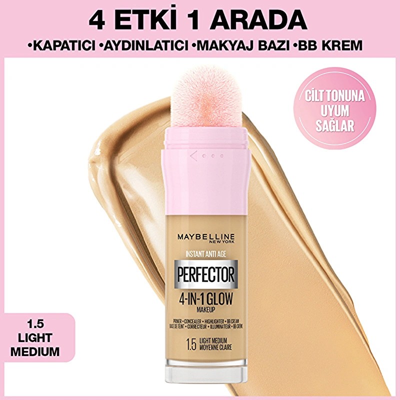 Maybelline New York Instant Perfector Glow 4 Etki 1 Arada Fondöten 1.5 Light Medium