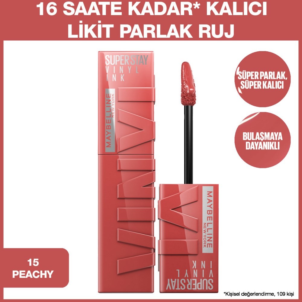 Maybelline New York Super Stay Vinyl Ink Uzun Süre Kalıcı Likit Parlak Ruj 15 Peachy