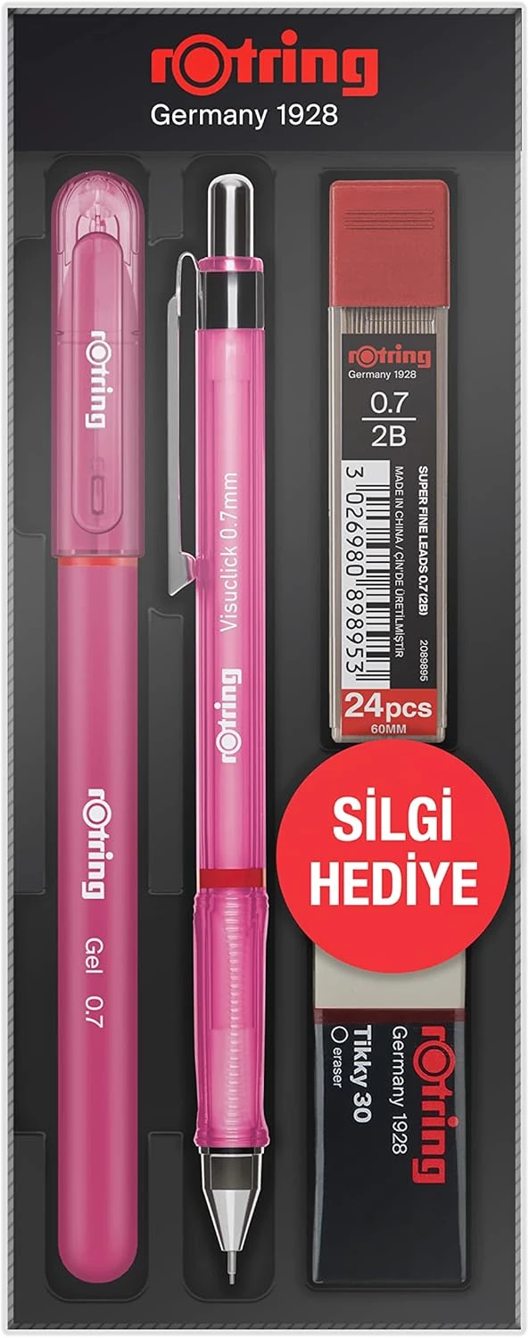Rotring Visuclick Jel Okul Seti 0,7 mm, Mekanik Kurşun Kalem, Uç ve Silgi Seti, Pembe