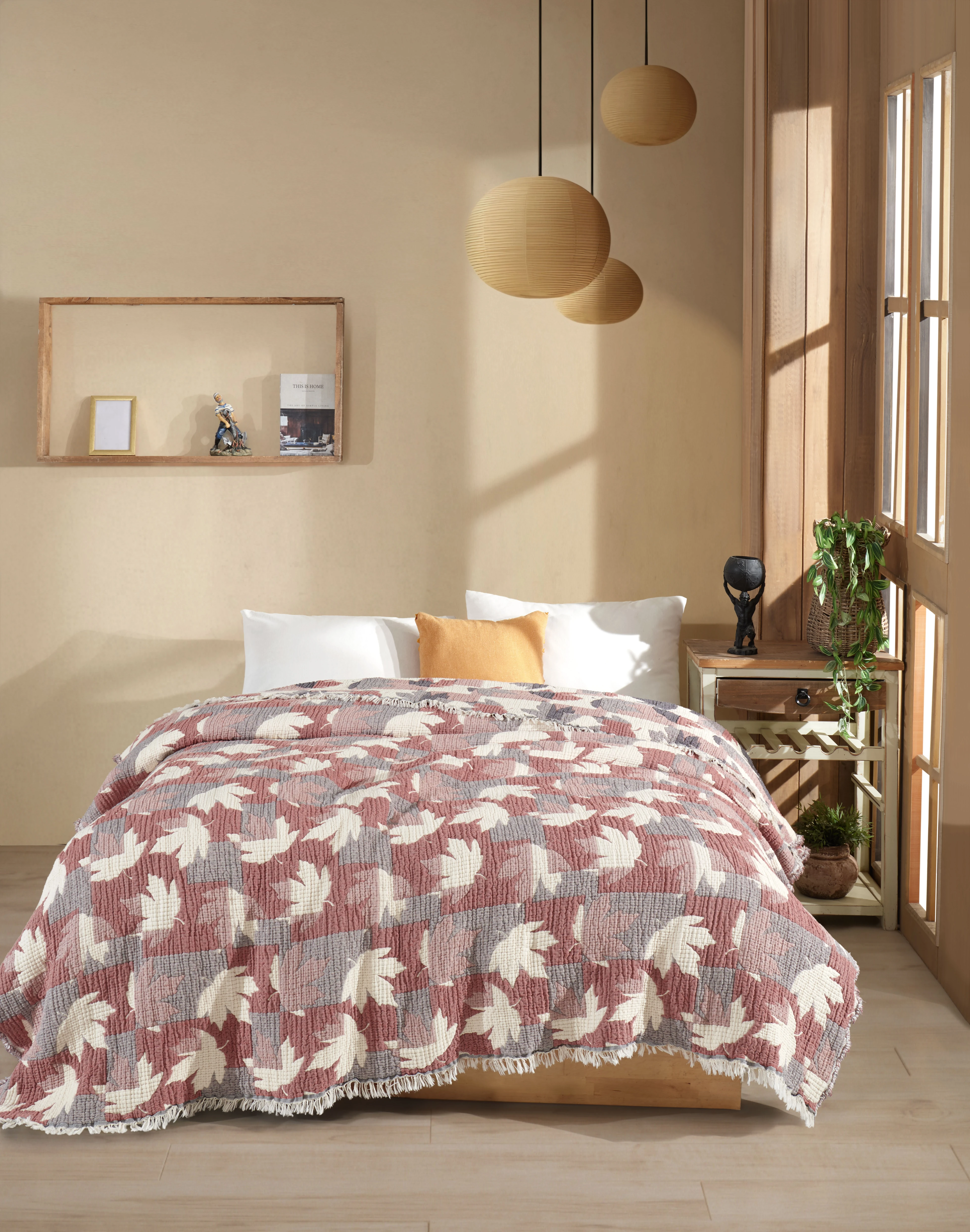 Çift Taraflı, Jakar Desenli, 5 Katlı, Dolgulu Müslin Battaniye, Çok Amaçlı Battaniye, Battal boy ( 220 x 240 cm ) - Çınar ( Lacivert / Kiremit)