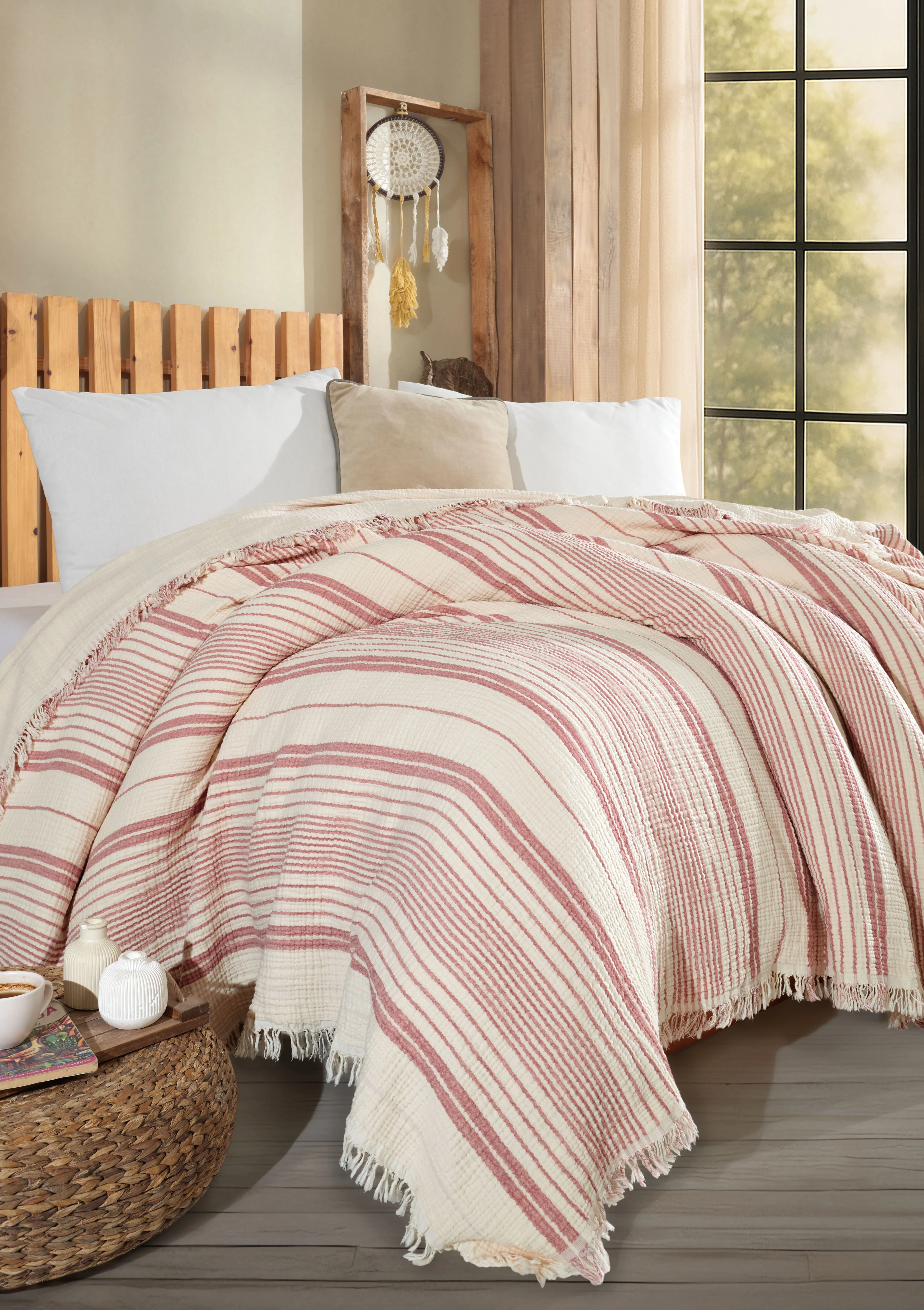 Çizgili, Çift Kişilik 4 Kat Müslin Yatak Örtüsü, Koltuk Örtüsü, Battaniye, Tv Battaniyesi