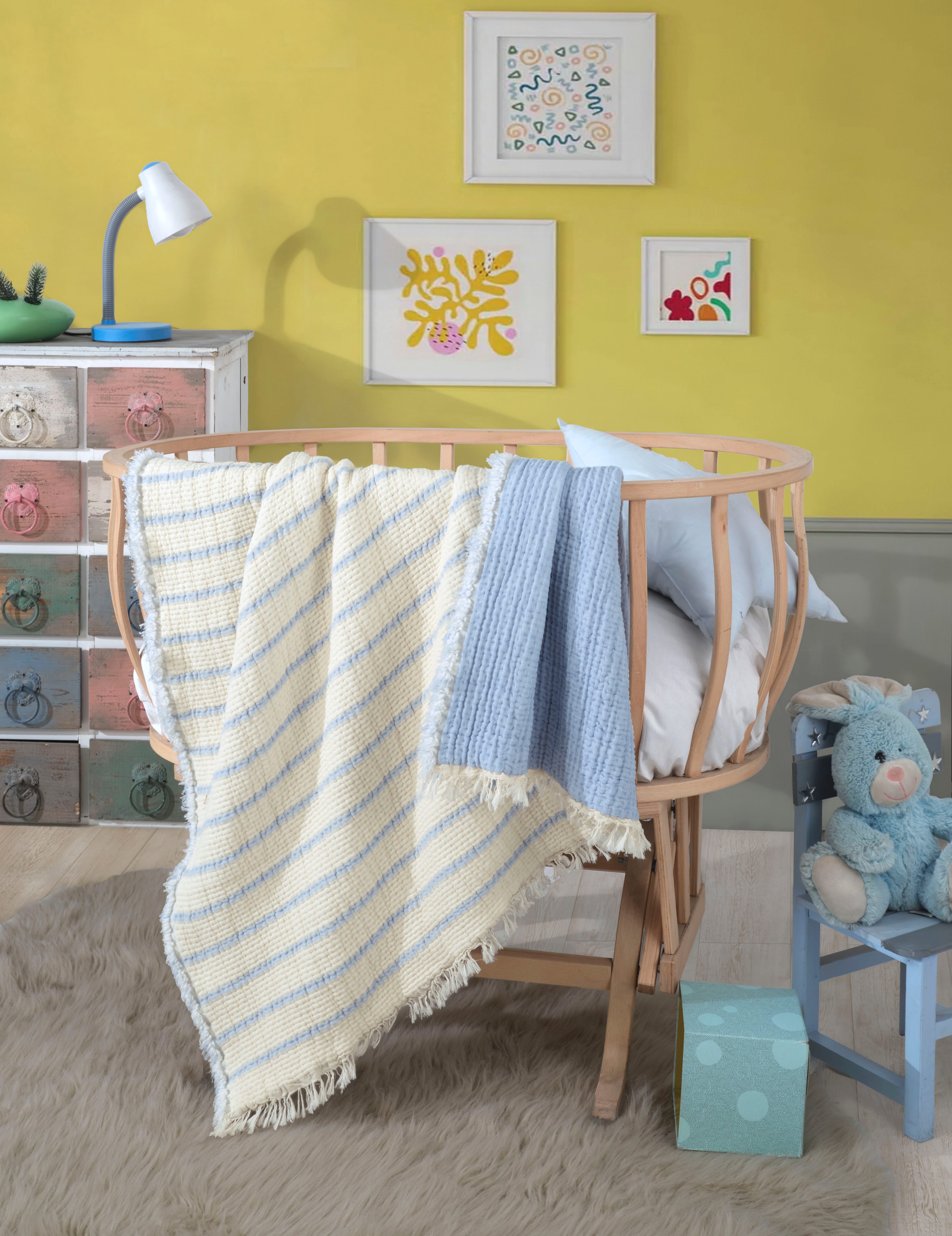 5 Katlı, Dolgulu Bebek / Çocuk Müslin Battaniye, Çok Amaçlı Bebek Battaniyesi 100 x 120 CM - Bebe Mavisi