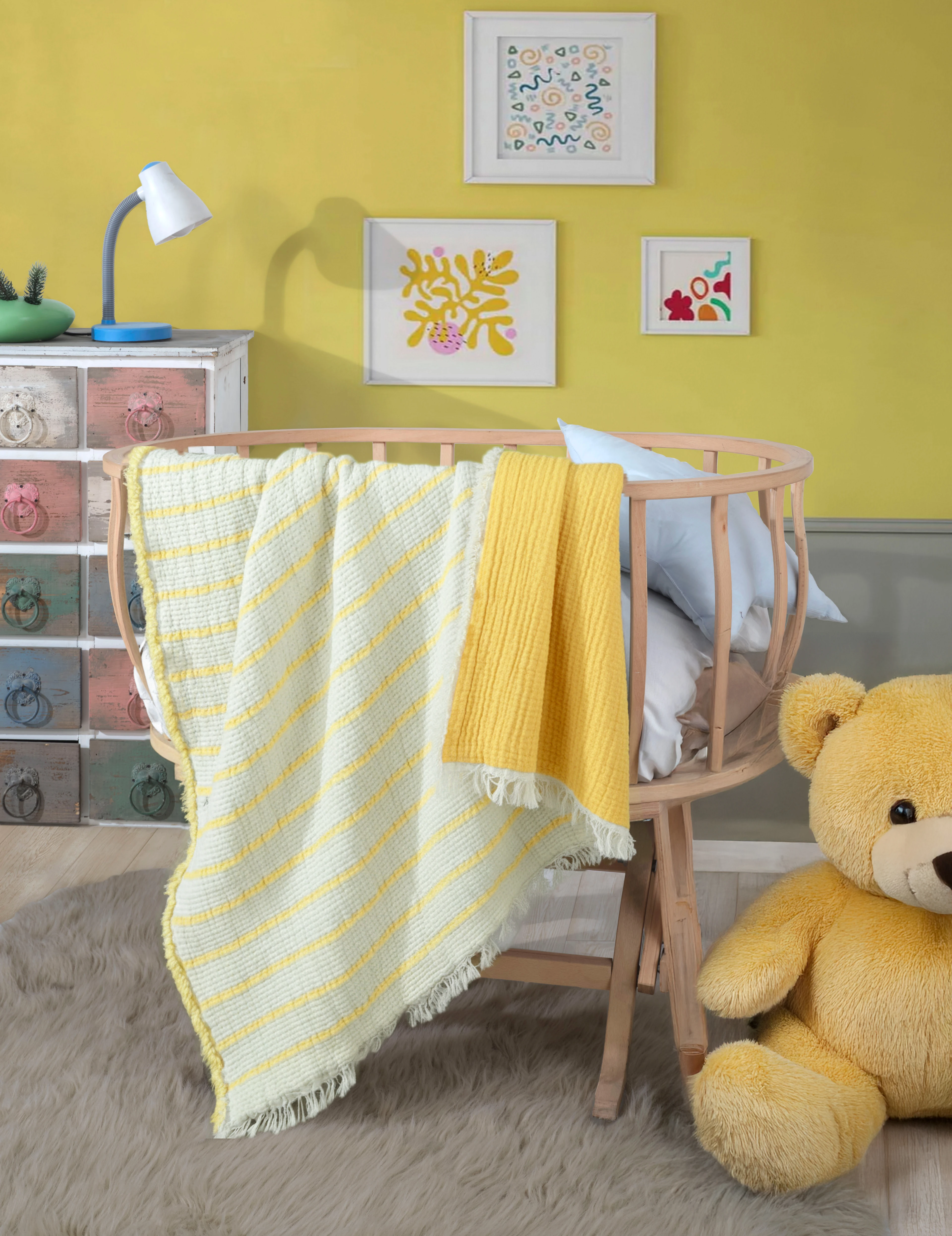 5 Katlı, Dolgulu Bebek / Çocuk Müslin Battaniye, Çok Amaçlı Bebek Battaniyesi 100 x 120 CM - Sarı