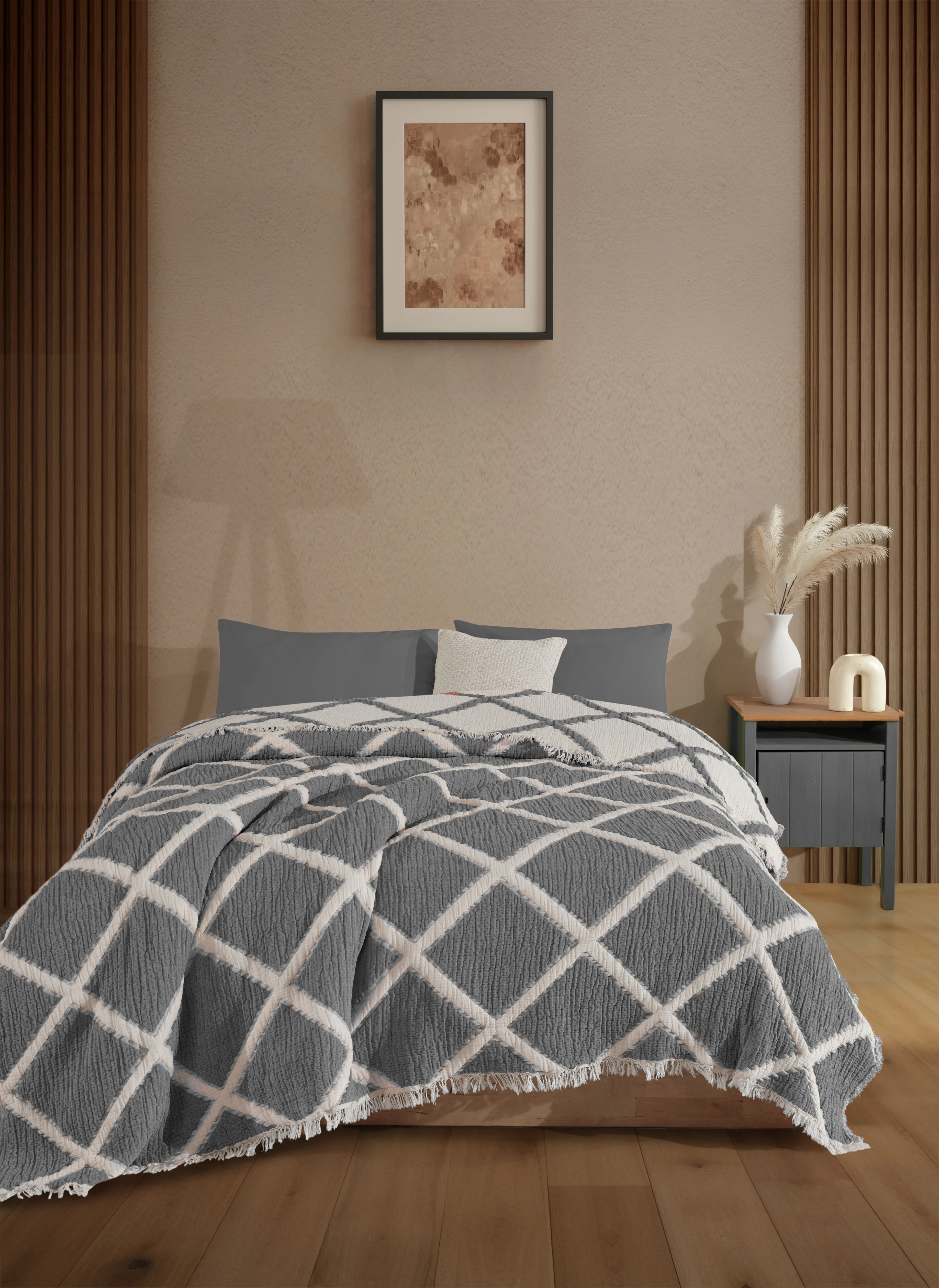 Çift Taraflı, Jakar Desenli, 5 Katlı, Dolgulu Müslin Battaniye, Çok Amaçlı Battaniye, Battal boy ( 220 x 240 cm ) - Baklava ( Antrasit )