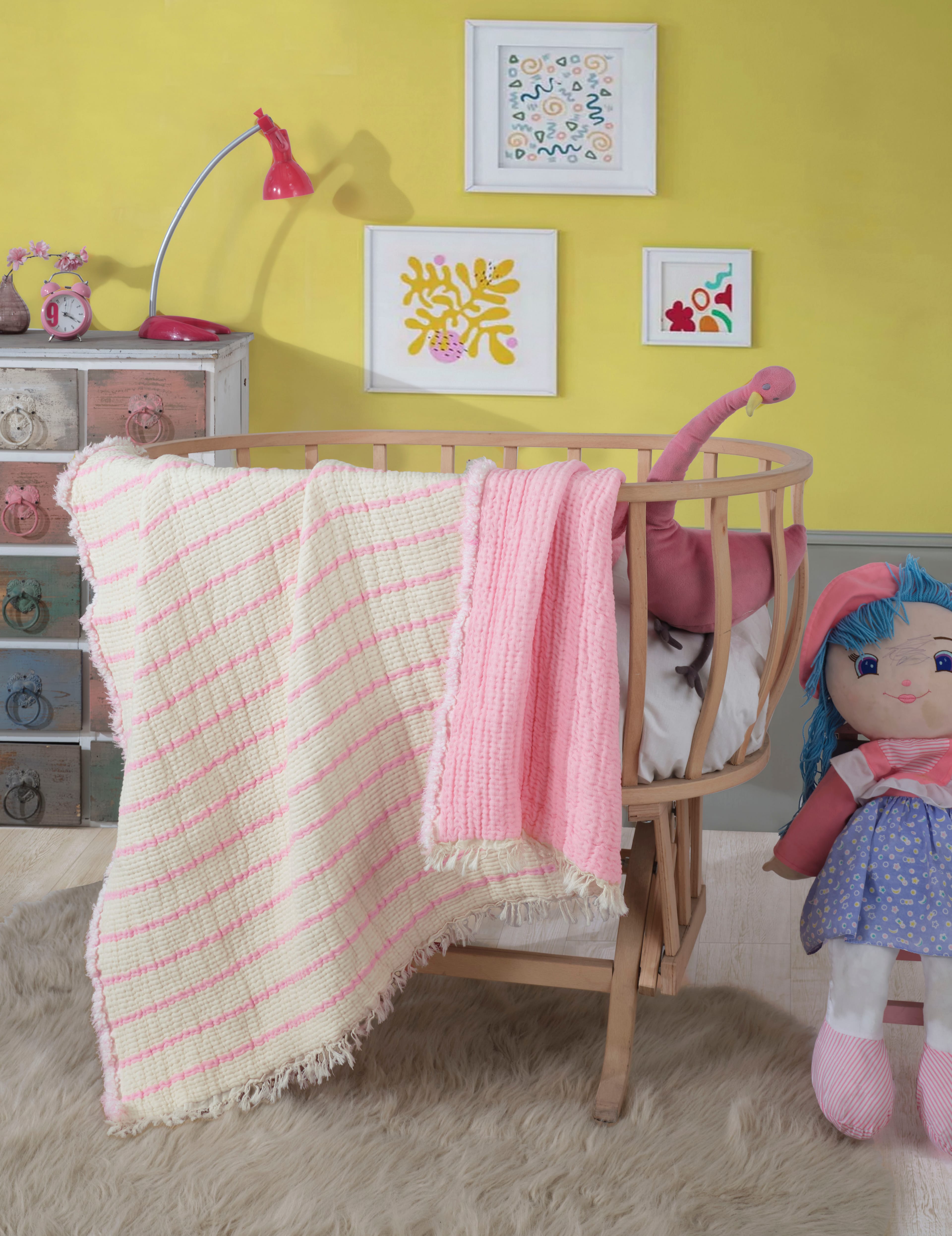 5 Katlı, Dolgulu Bebek / Çocuk Müslin Battaniye, Çok Amaçlı Bebek Battaniyesi 100 x 120 CM - Pembe