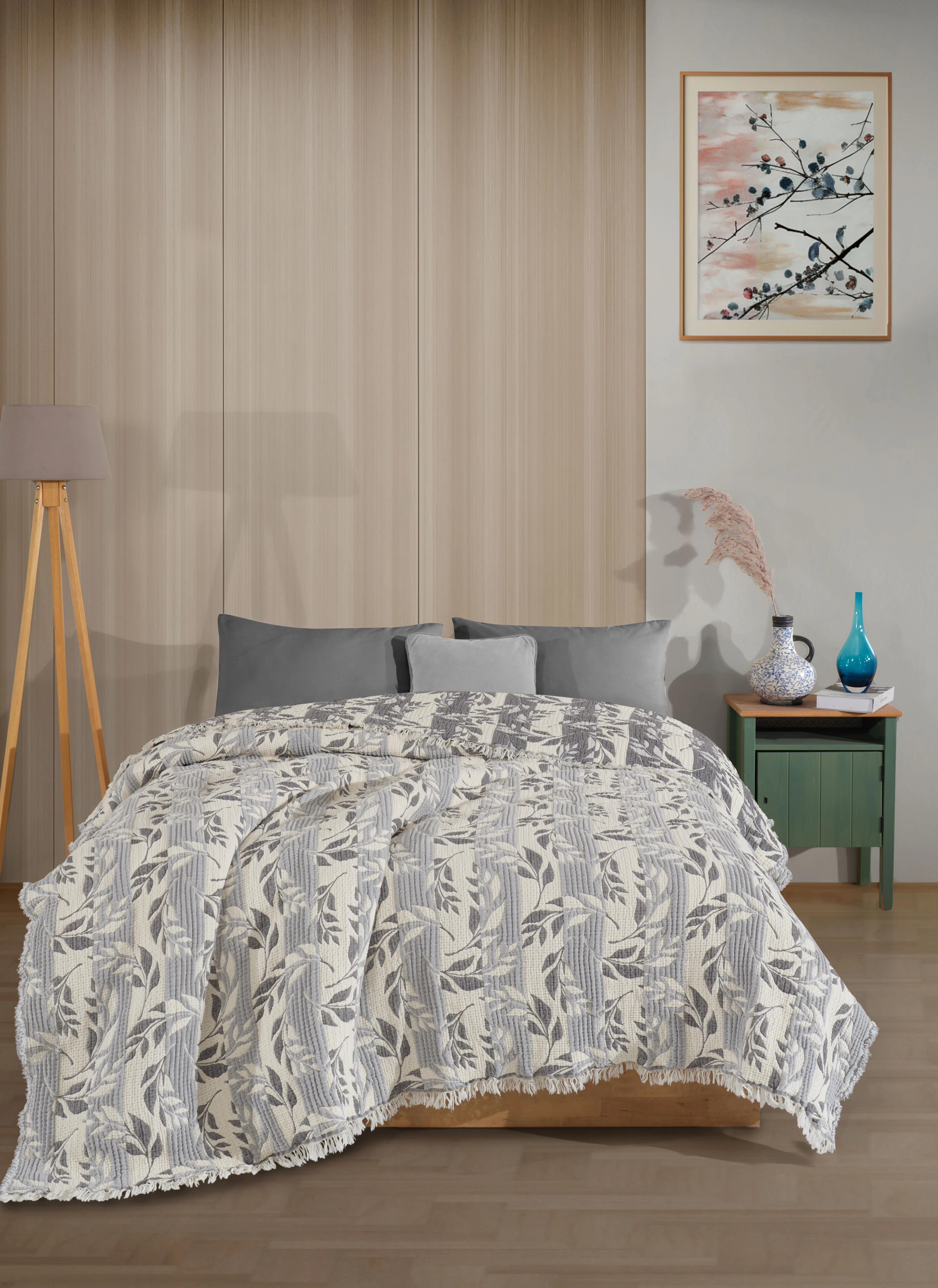 Çift Taraflı, Jakar Desenli, 5 Katlı, Dolgulu Müslin Battaniye, Çok Amaçlı Battaniye, Battal boy ( 220 x 240 cm ) - Yaprak ( Gri )