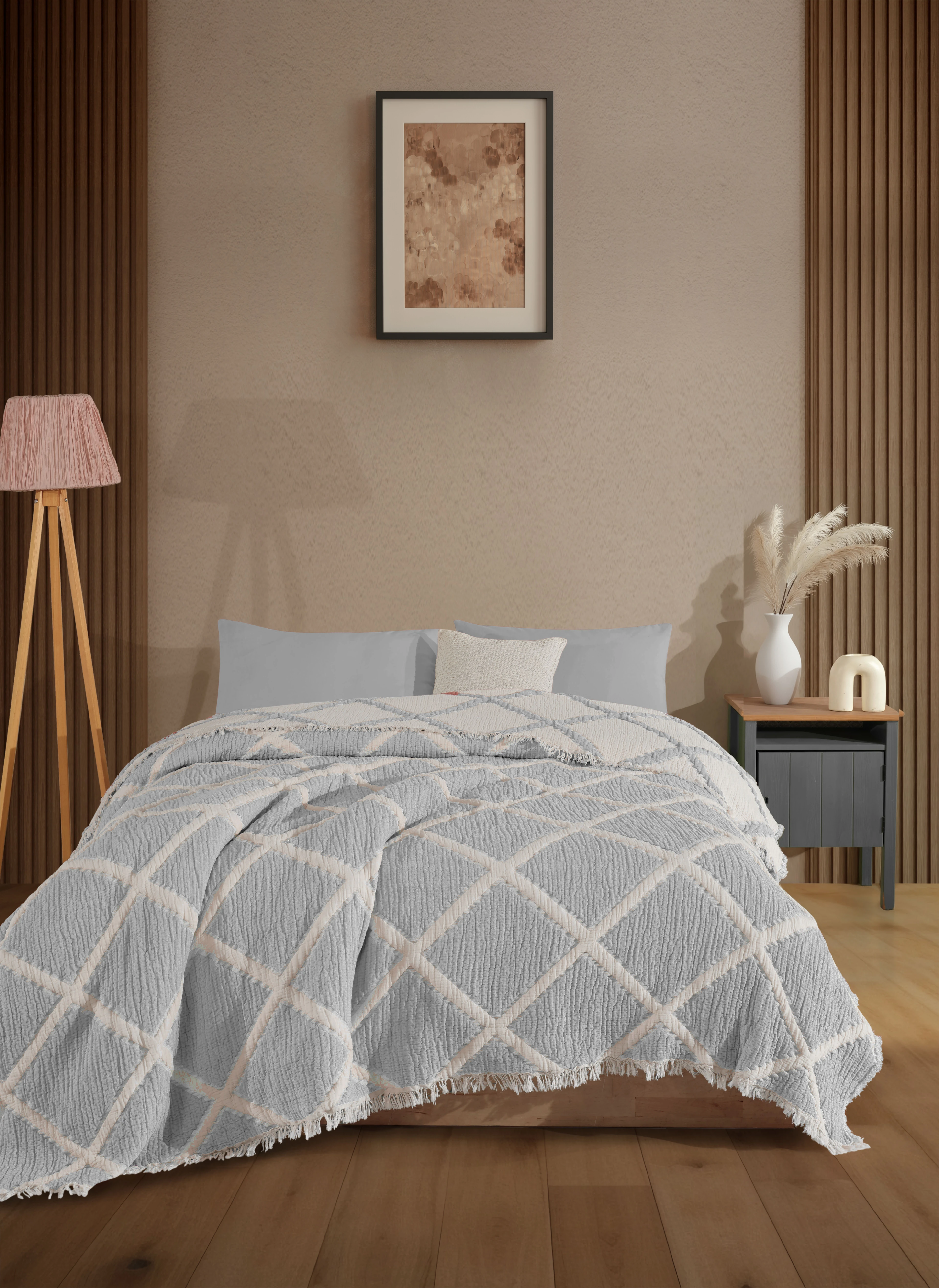 Çift Taraflı, Jakar Desenli, 5 Katlı, Dolgulu Müslin Battaniye, Çok Amaçlı Battaniye, Battal boy ( 220 x 240 cm ) - Baklava ( Açık Gri )