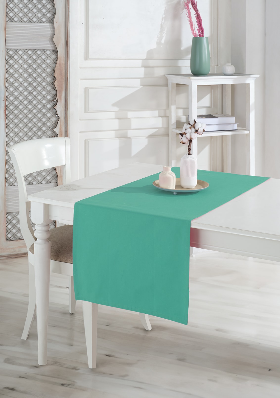  50 x 145 CM %100 Pamuklu ve Renkli Runner Masa Örtüsü - Su Yeşili
