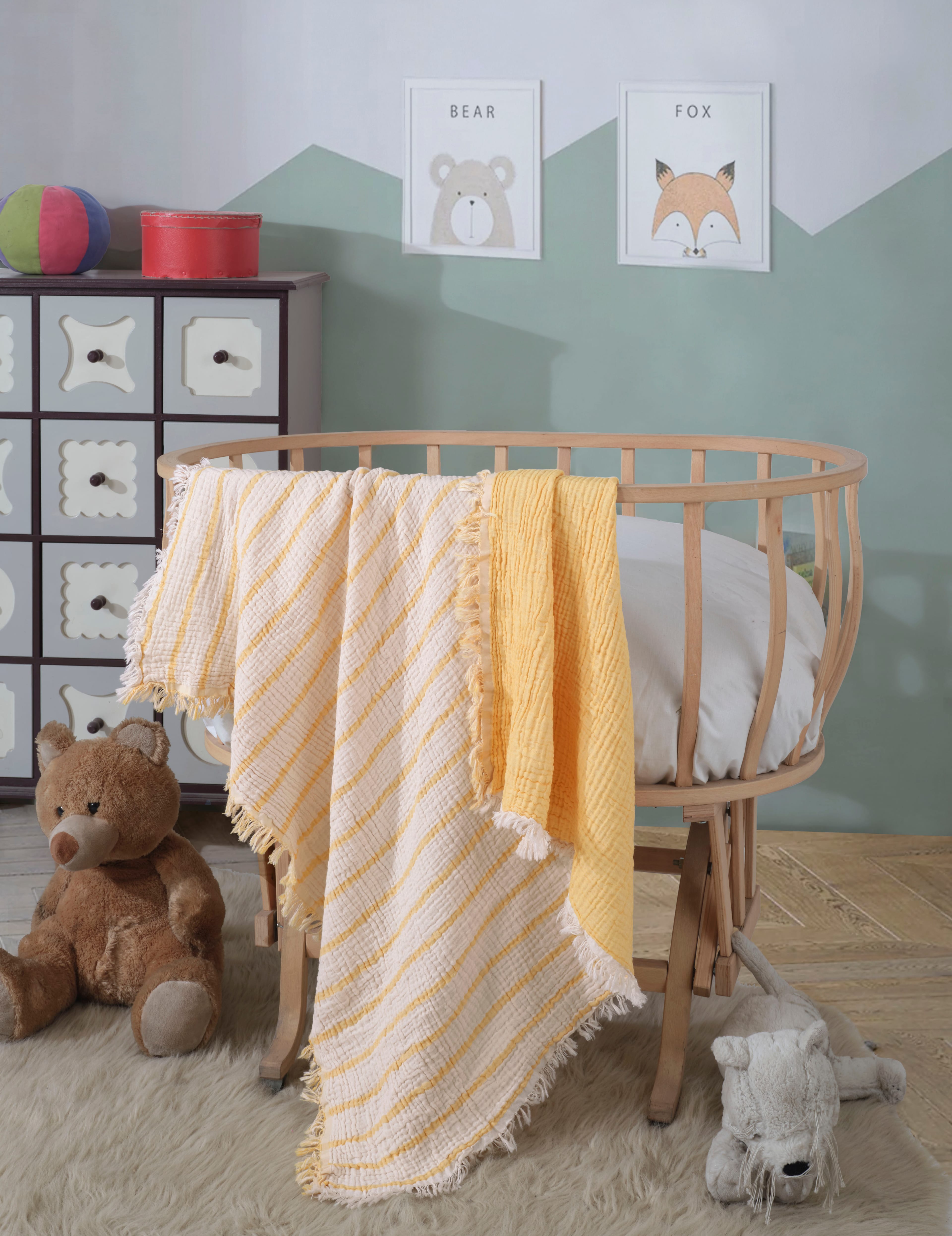 4 Katlı Çift Taraf 100 x 120 CM Bebek Müslin Örtü Pamuklu Çok Amaçlı Bebek Battaniyesi - Sarı