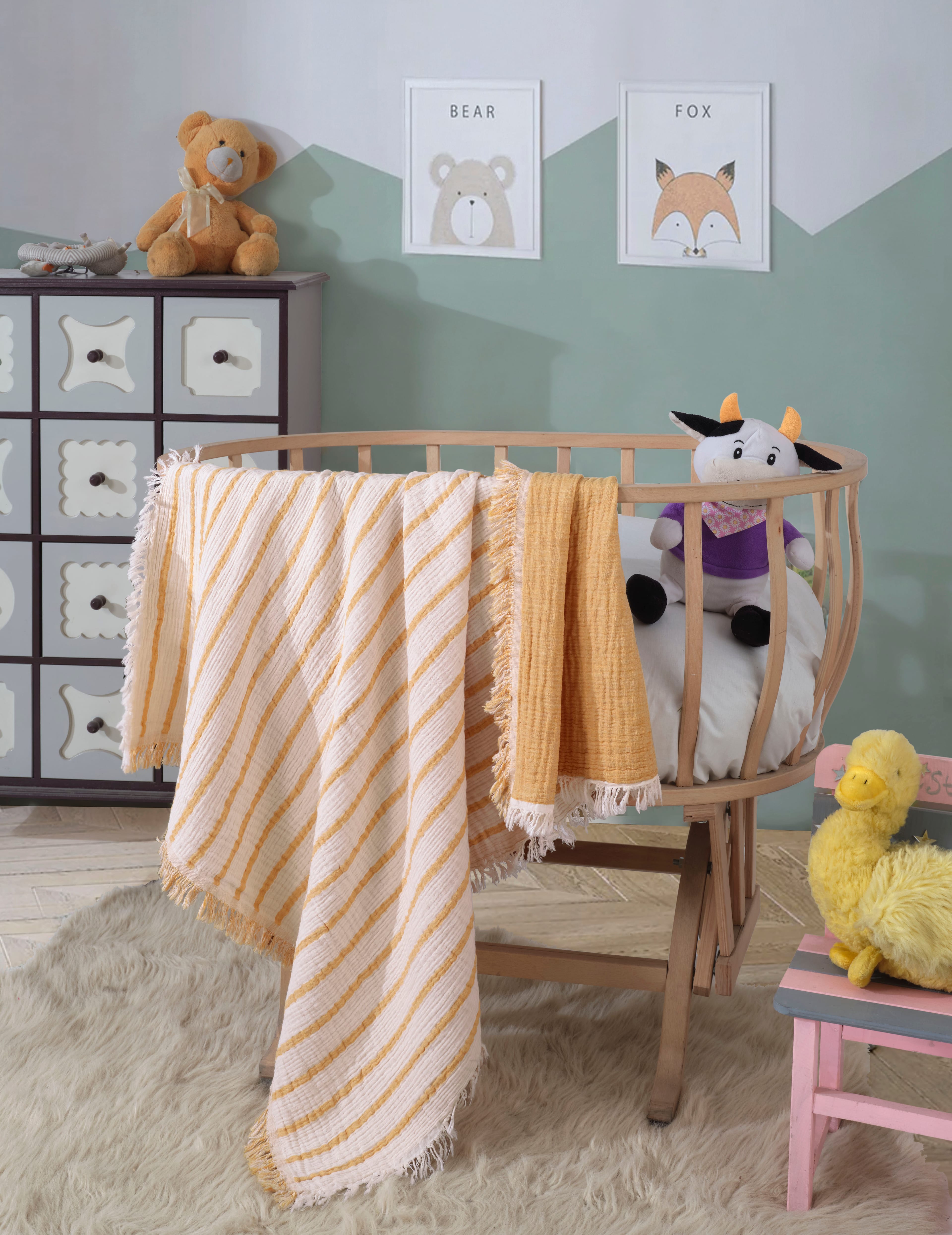 4 Katlı Çift Taraf 100 x 120 CM Bebek Müslin Örtü Pamuklu Çok Amaçlı Bebek Battaniyesi - Hardal