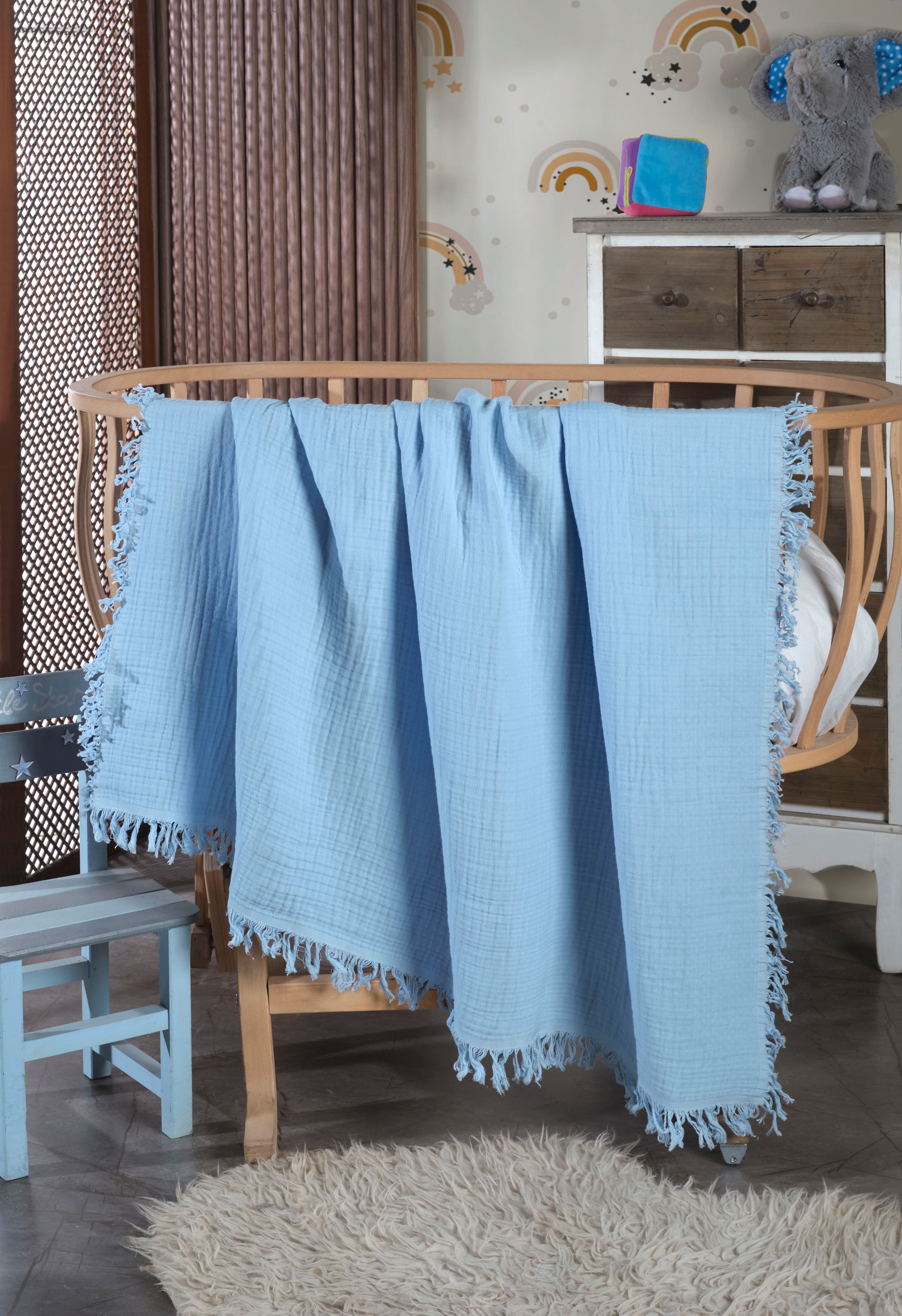 4 Katlı, %100 Pamuk Çok Amaçlı Bebek Müslin Örtüsü, 110 x 120 CM - Bebe Mavisi