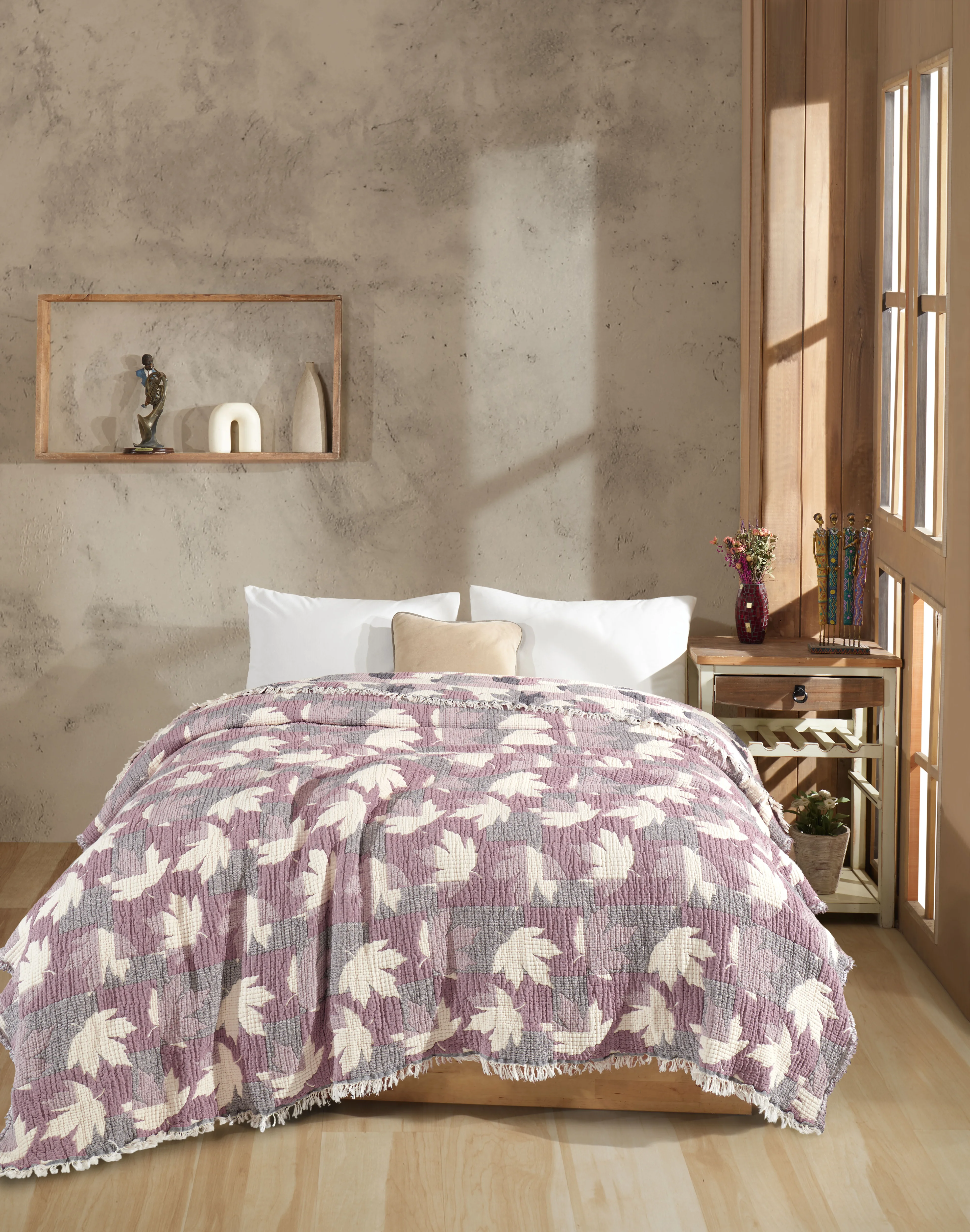 Çift Taraflı, Jakar Desenli, 5 Katlı, Dolgulu Müslin Battaniye, Çok Amaçlı Battaniye, Battal boy ( 220 x 240 cm )