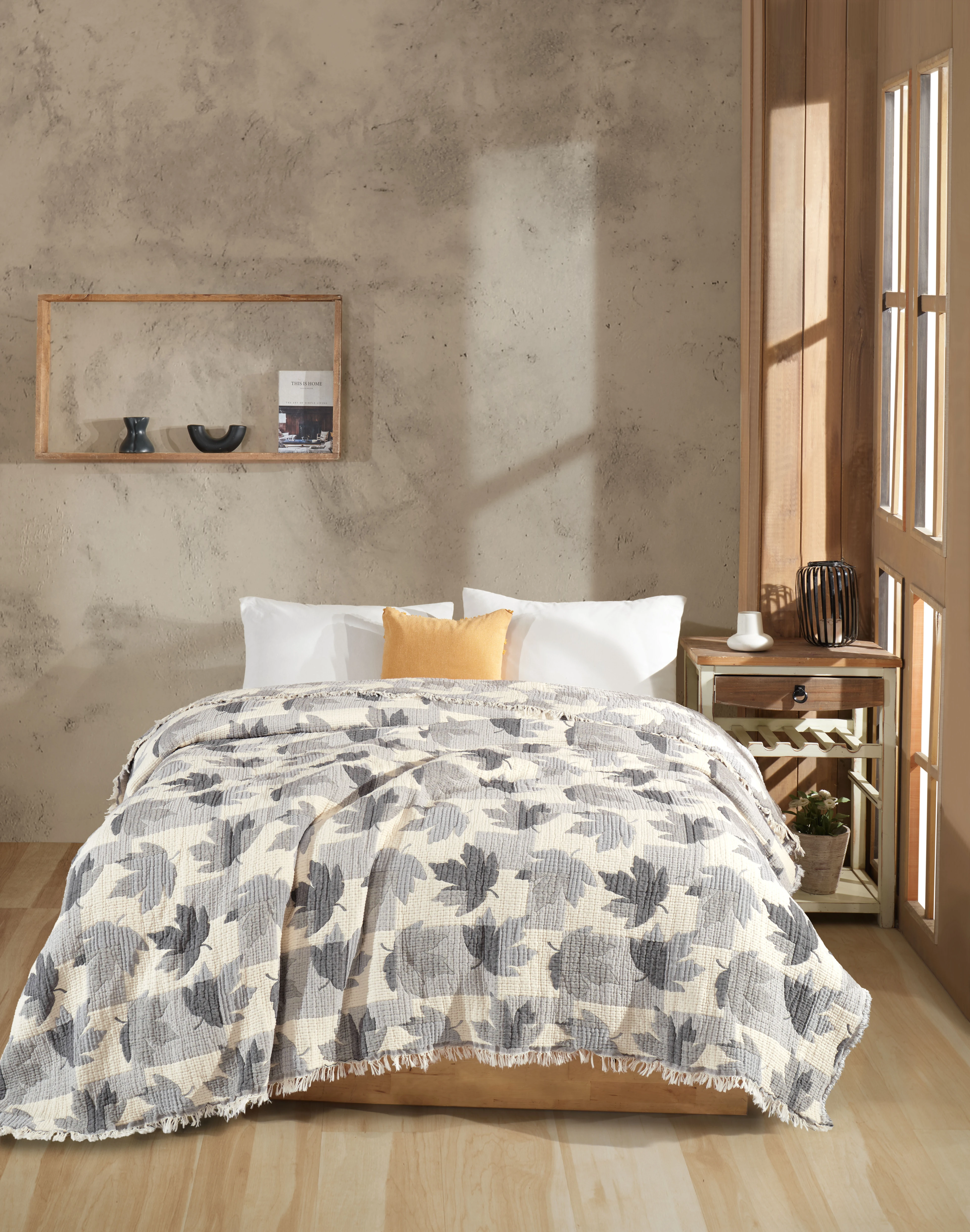 Çift Taraflı, Jakar Desenli, 5 Katlı, Dolgulu Müslin Battaniye, Çok Amaçlı Battaniye, Battal boy ( 220 x 240 cm ) - Çınar ( Koyu Gri / Açık Gri )