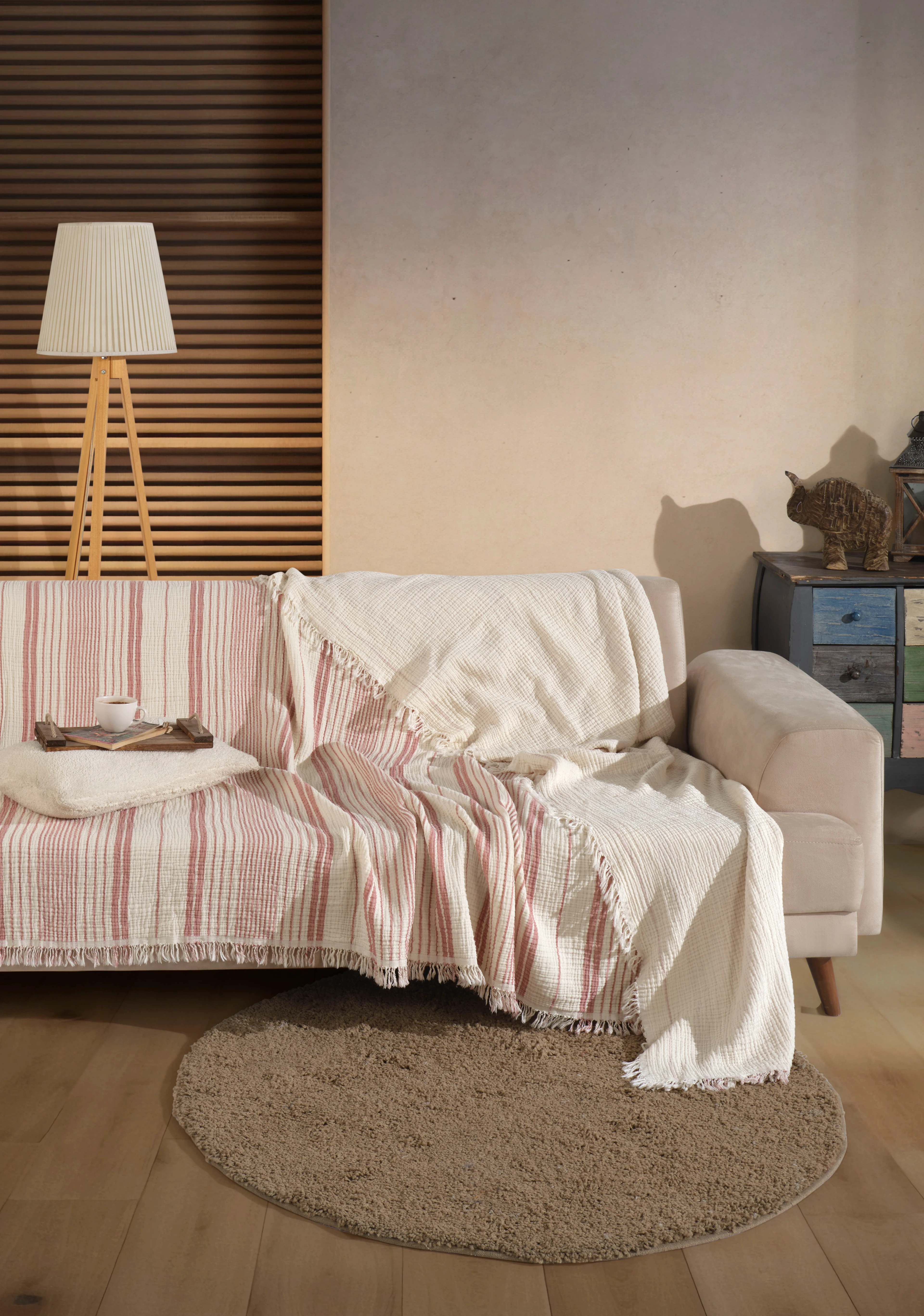 Çizgili, Çift Kişilik 4 Kat Müslin Yatak Örtüsü, Koltuk Örtüsü, Battaniye, Tv Battaniyesi