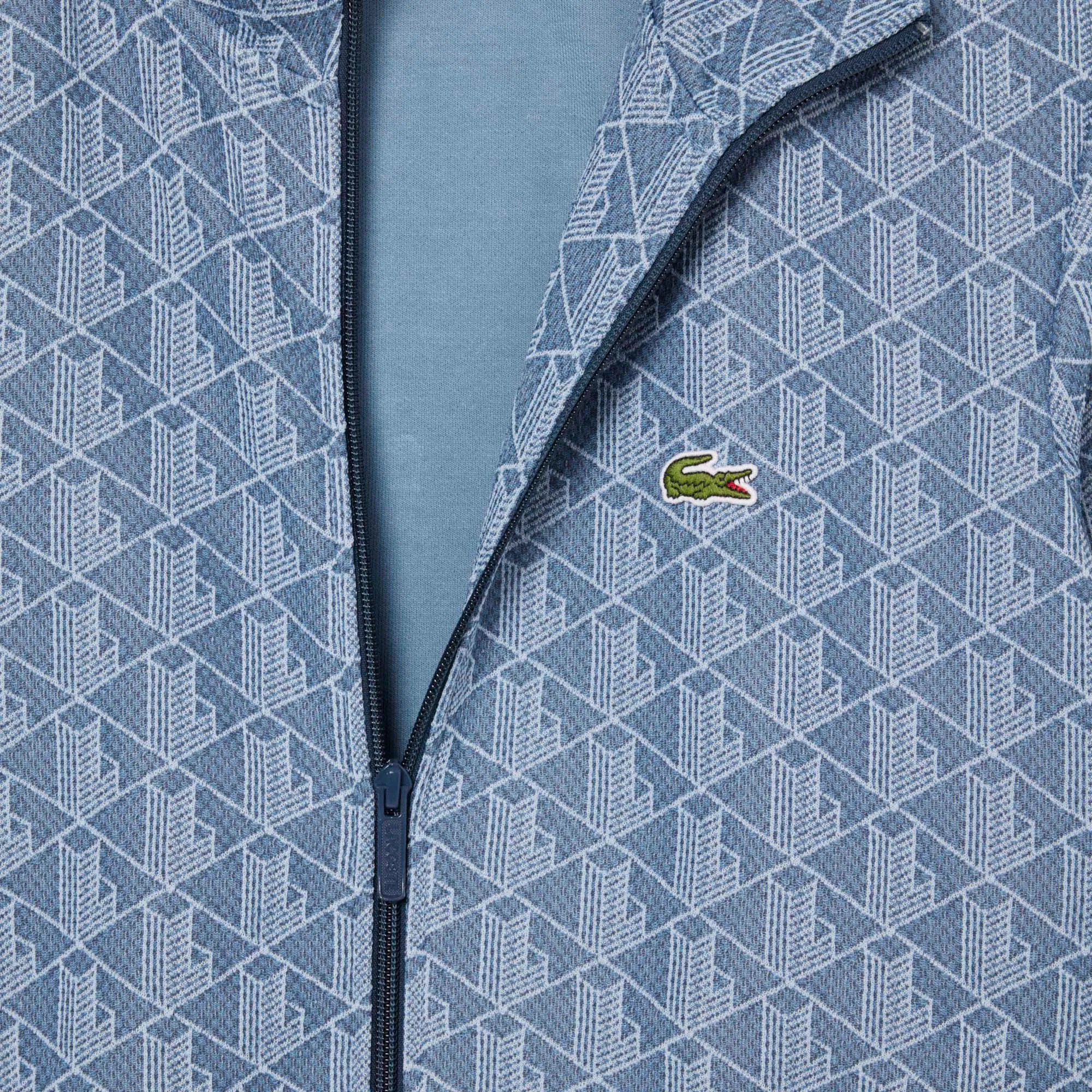 Erkek Regular Fit Fermuarlı Monogram Mavi Sweatshirt