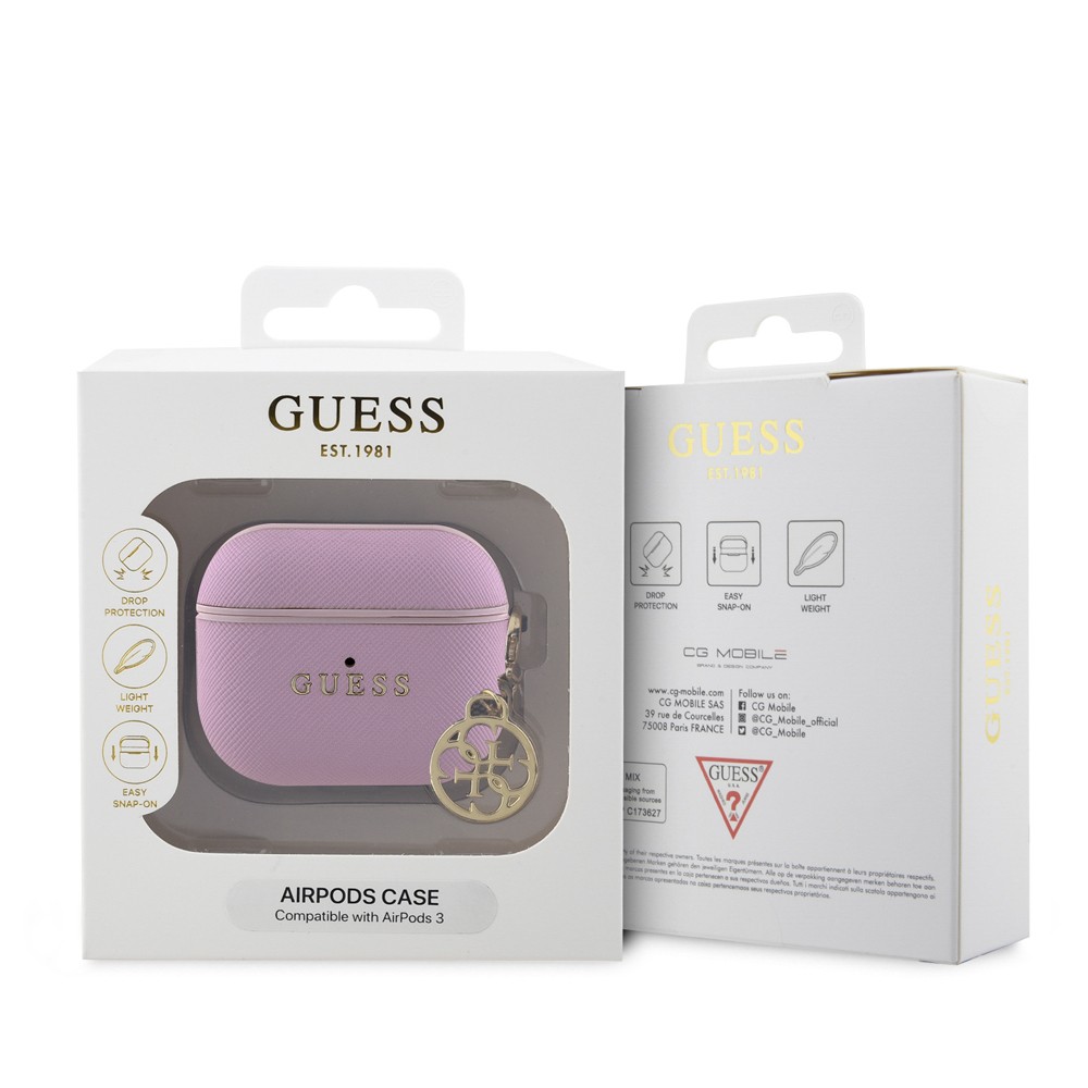 Airpods 3.Nesil Kılıf Guess Orjinal Lisanslı Dokulu 4G Yuvarlak Charm Saffiano Kılıf