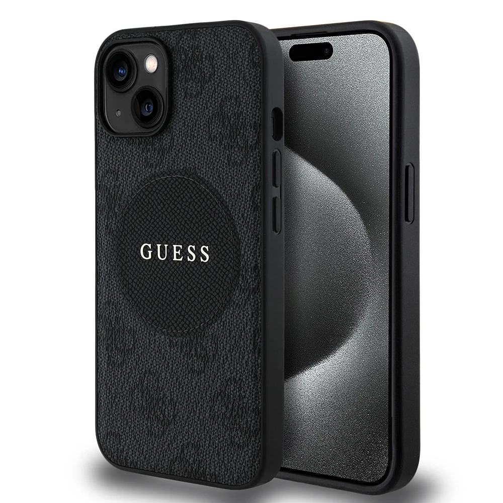 Apple iPhone 15 Kılıf Guess Orjinal Lisanslı M-safe Şarj Özellikli Yazı Logolu Circle Classic Kapak
