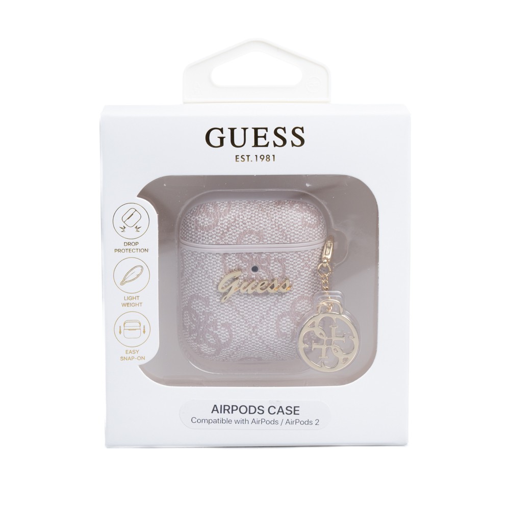 Airpods Kılıf Guess Orjinal Lisanslı 4G Desenli Metal Script Logolu 4G Charm Sağdan Askılı PU Deri Kılıf