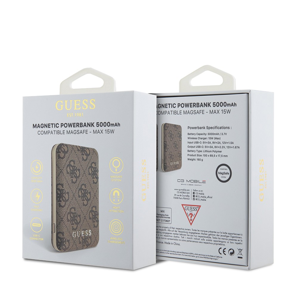 Guess Orjinal Lisanslı Dijital Led Göstergeli PU Deri 4G Desenli Metal Yazı Logolu Powerbank 5000mAh 15W