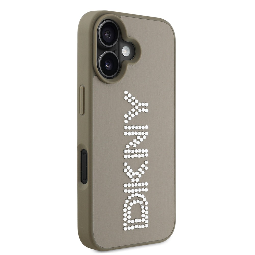 Apple iPhone 16 Kılıf DKNY Orjinal Lisanslı Taşlı DKNY Yazılı Metalik Rhinestones PU Deri Kapak