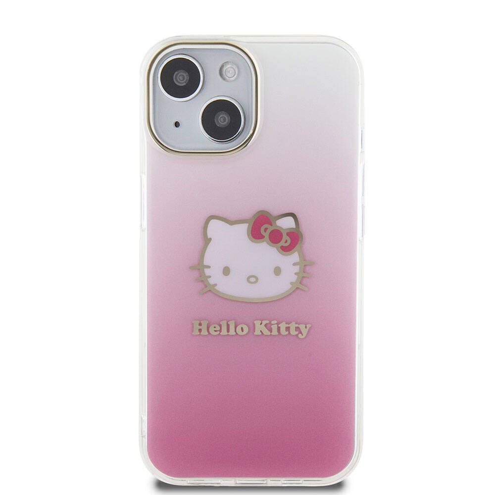 iPhone 15 Kılıf Hello Kitty Orjinal Lisanslı Yazı ve İkonik Logolu Elektroplating Kaplama Gradyan Kılıf