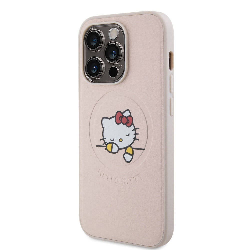 iPhone 15 Pro Kılıf Hello Kitty Orjinal Lisanslı Magsafe Şarj Özellikli Baskı Logolu Uyuyan Kitty Deri Kılıf