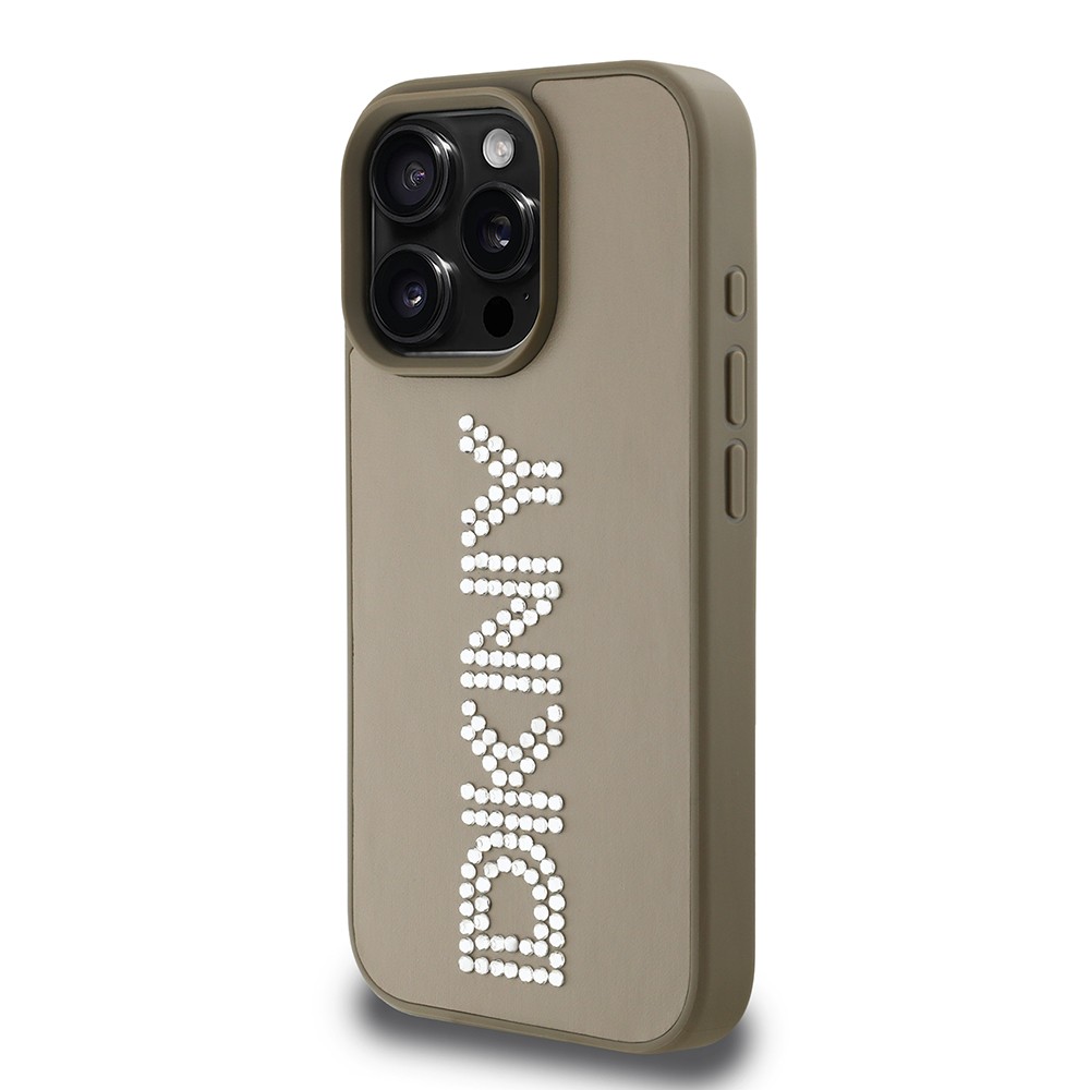 Apple iPhone 16 Pro Max Kılıf DKNY Orjinal Lisanslı Taşlı DKNY Yazılı Metalik Rhinestones PU Deri Kapak