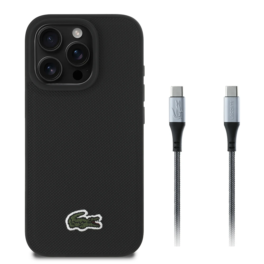 Apple iPhone 16 Pro Kılıf Lacoste Orjinal Lisanslı PU Pike Desenli Arka Yüzey İkonik Timsah Dokuma Logolu Kapak + Type-C Kablo 1.5m
