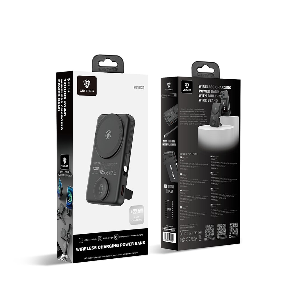 Lenyes PW1003D 22.5W Dijital LED Ekranlı Akıllı Saat Kablosuz Şarj Özellikli Standlı Wireless Powerbank 15W 10000mAh