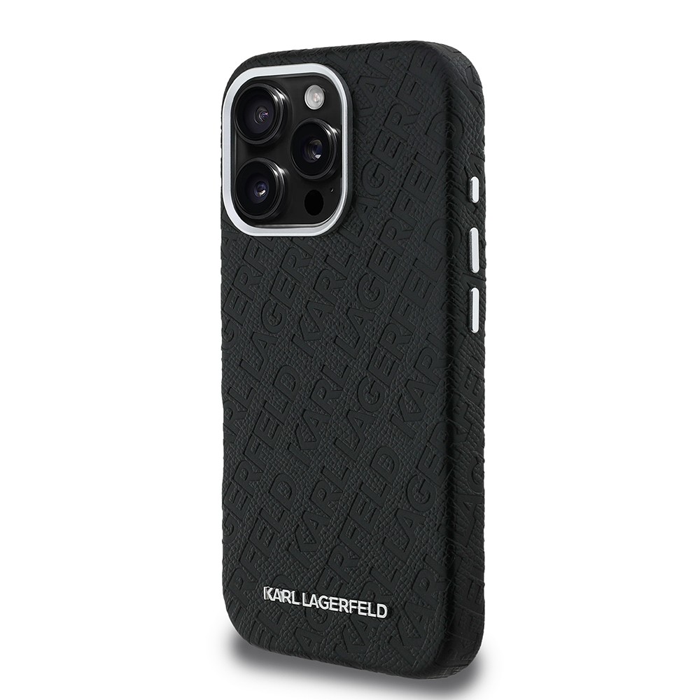 Apple iPhone 16 Pro Kılıf Karl Lagerfeld Orjinal Lisanslı PU Deri Damgalı Metal Yazı Logolu Kapak