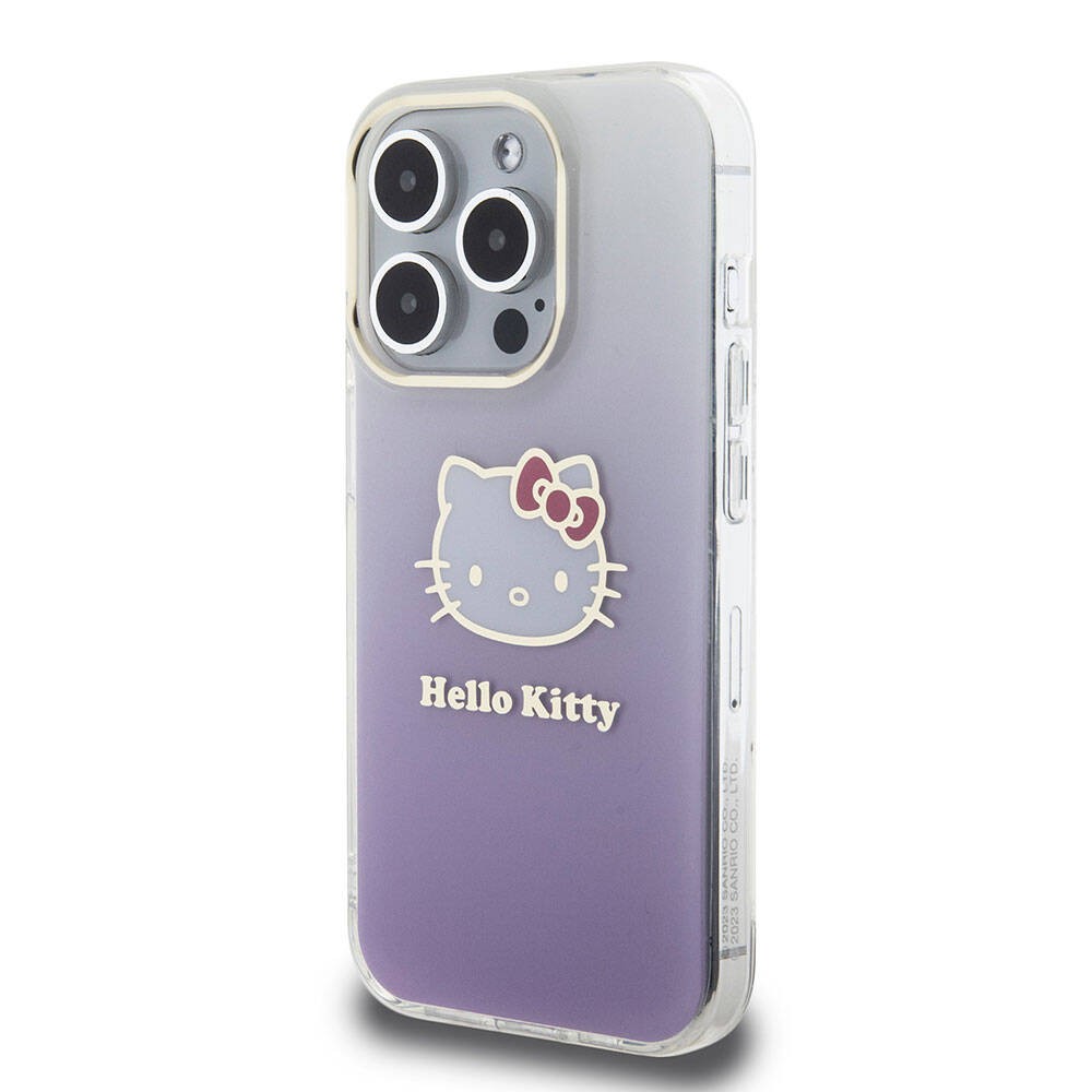 iPhone 15 Pro Kılıf Hello Kitty Orjinal Lisanslı Yazı ve İkonik Logolu Elektroplating Kaplama Gradyan Kılıf