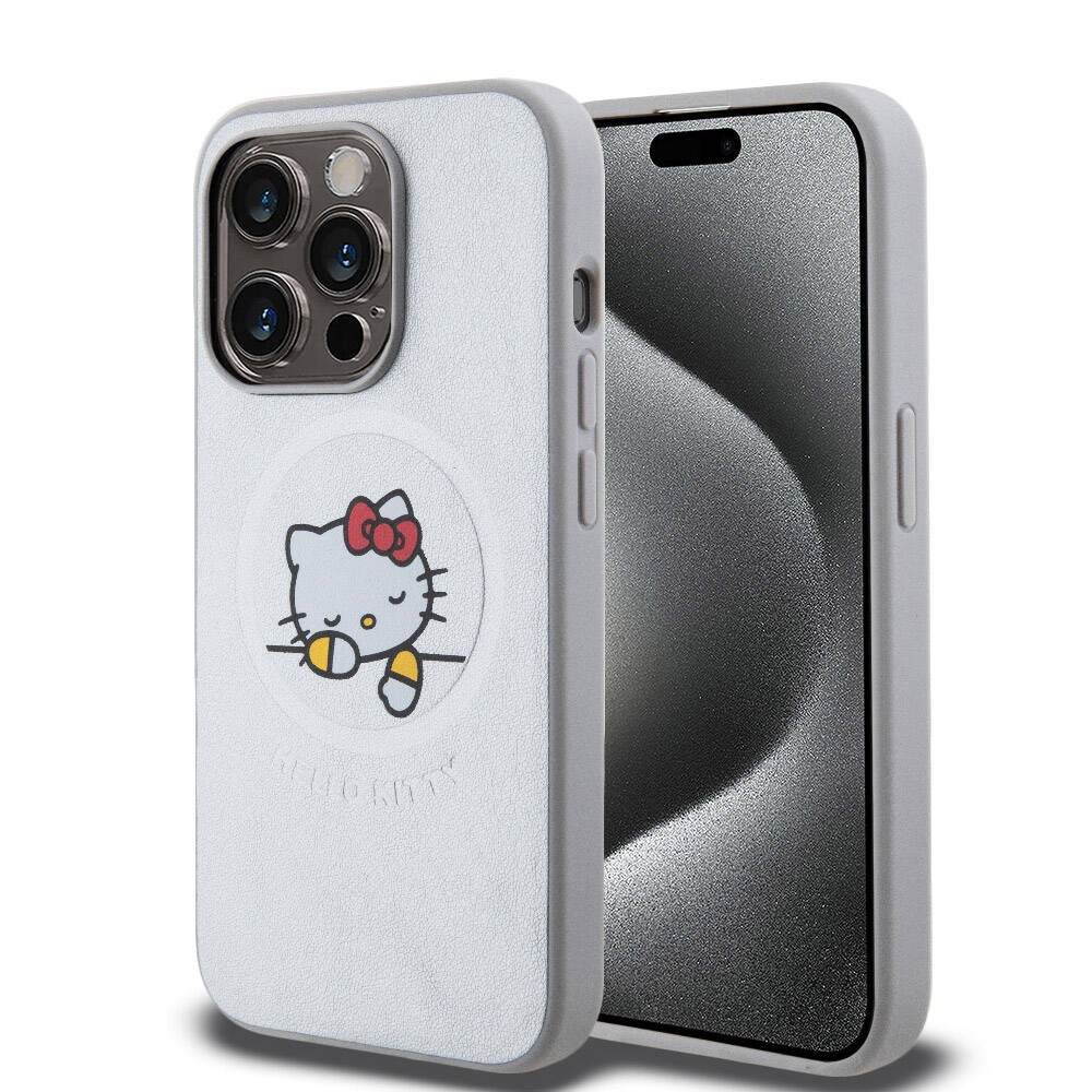 iPhone 15 Pro Kılıf Hello Kitty Orjinal Lisanslı Magsafe Şarj Özellikli Baskı Logolu Uyuyan Kitty Deri Kılıf