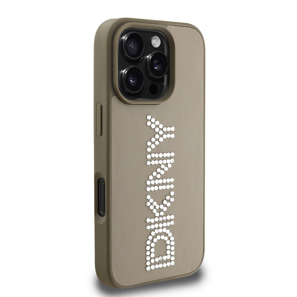 Apple iPhone 16 Pro Max Kılıf DKNY Orjinal Lisanslı Taşlı DKNY Yazılı Metalik Rhinestones PU Deri Kapak