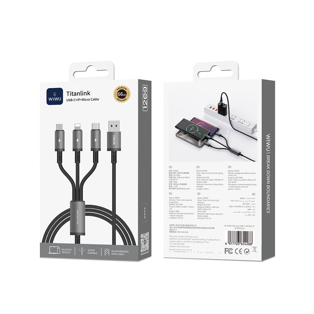 Wiwu Wi-C059 Titanlink Serisi 3in1 USB-A to Lightning – Type-C – Micro Örgülü Şarj ve Data Kablosu 66W 1.2m